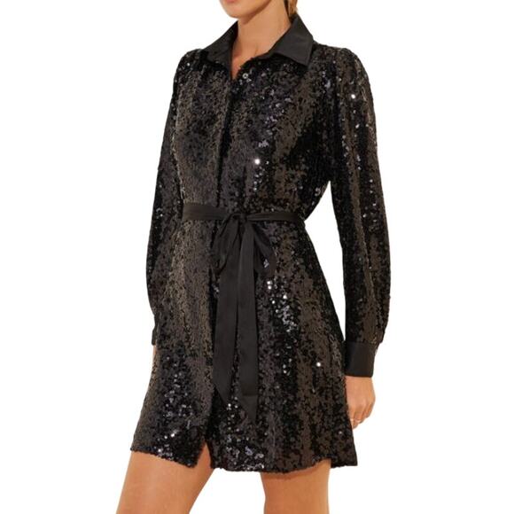 HUTCH $228 Black Sequin Satin Collar‎ Tie Waist Mini Shirtdress Small - Picture 1 of 5